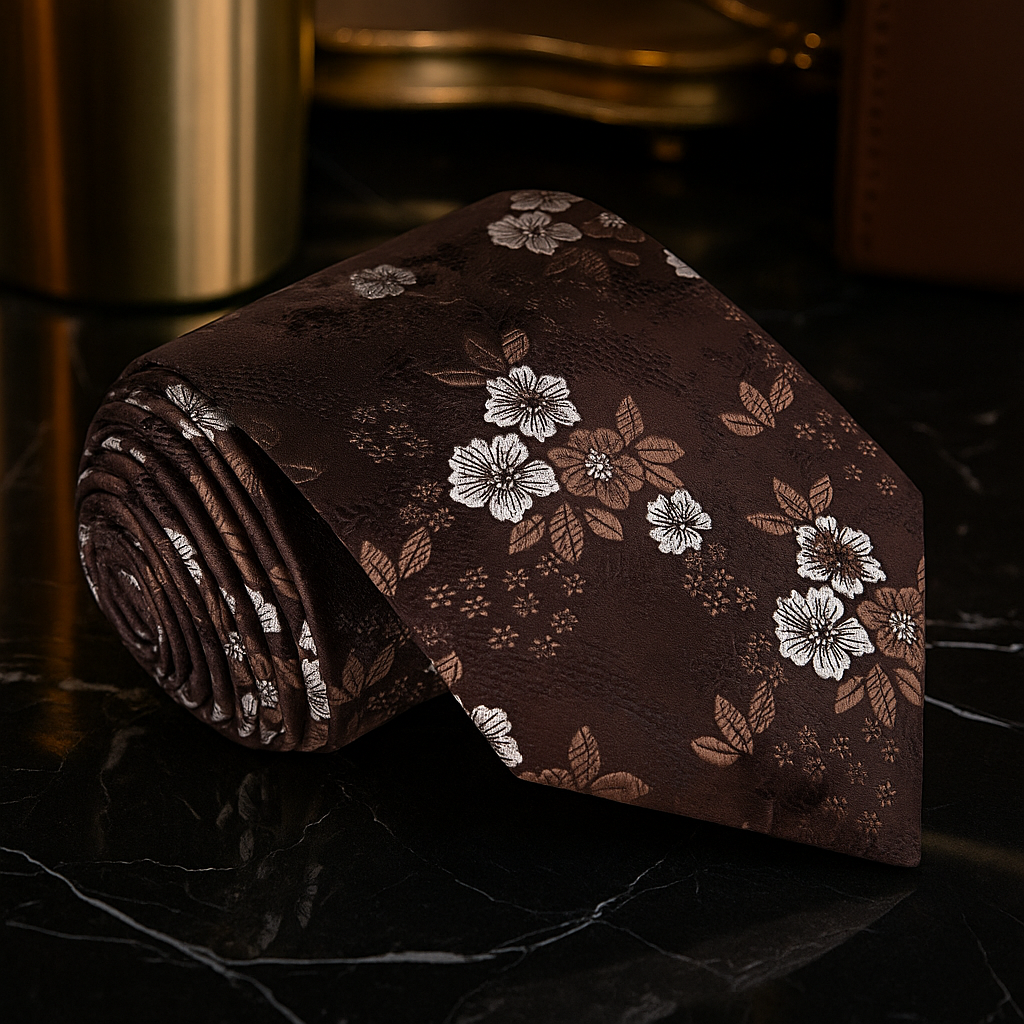 Floral patterned tie on a dark surface