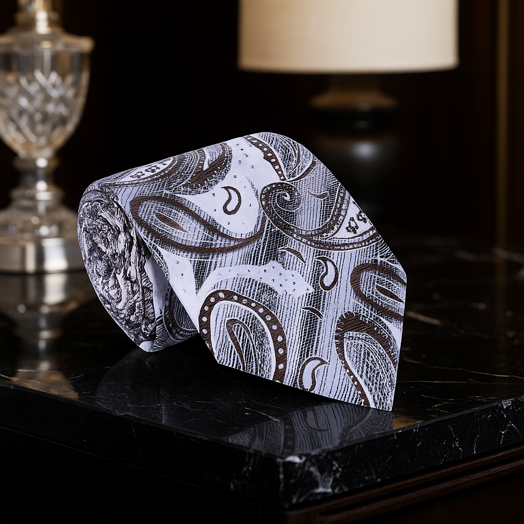 Patterned tie on a dark surface with decorative background