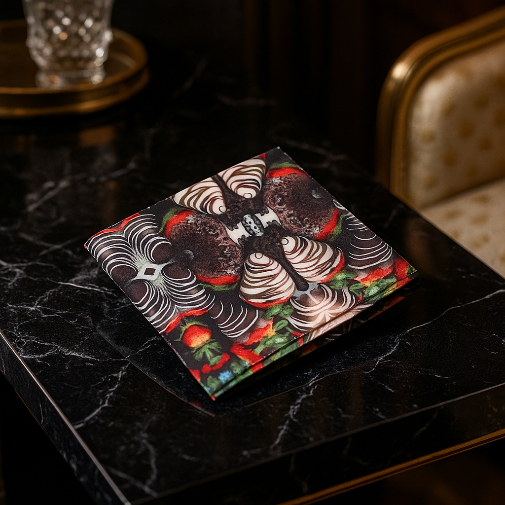 View 2: A White, Brown, Red, Green Color Chocolate Covered Strawberry Pattern Pocket Square
