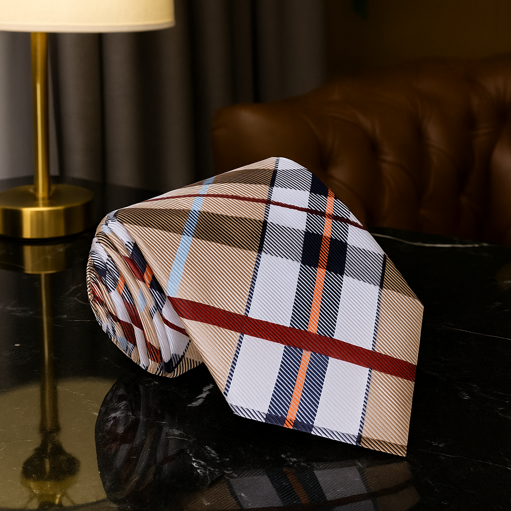 Brown, Red, Blue Plaid Tie 