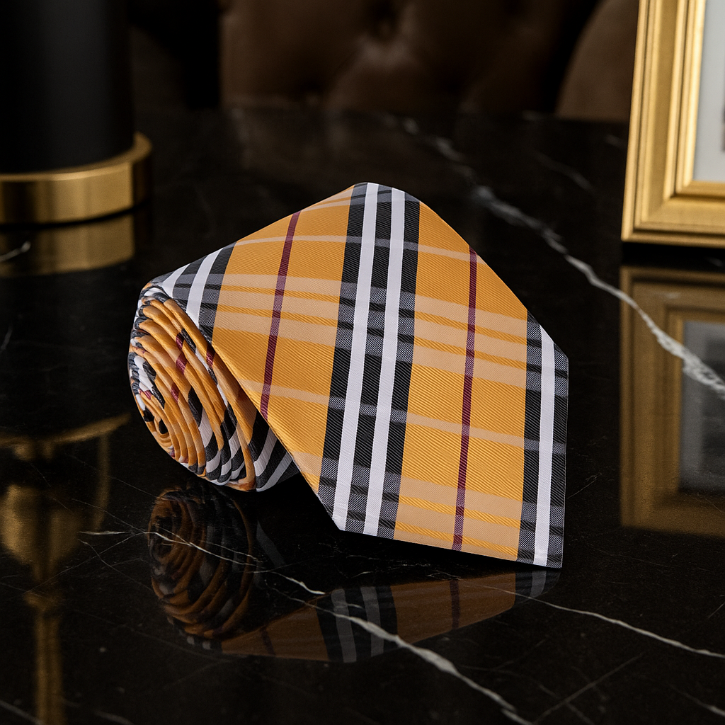 Golden Brown, Black, White, Red Plaid Tie