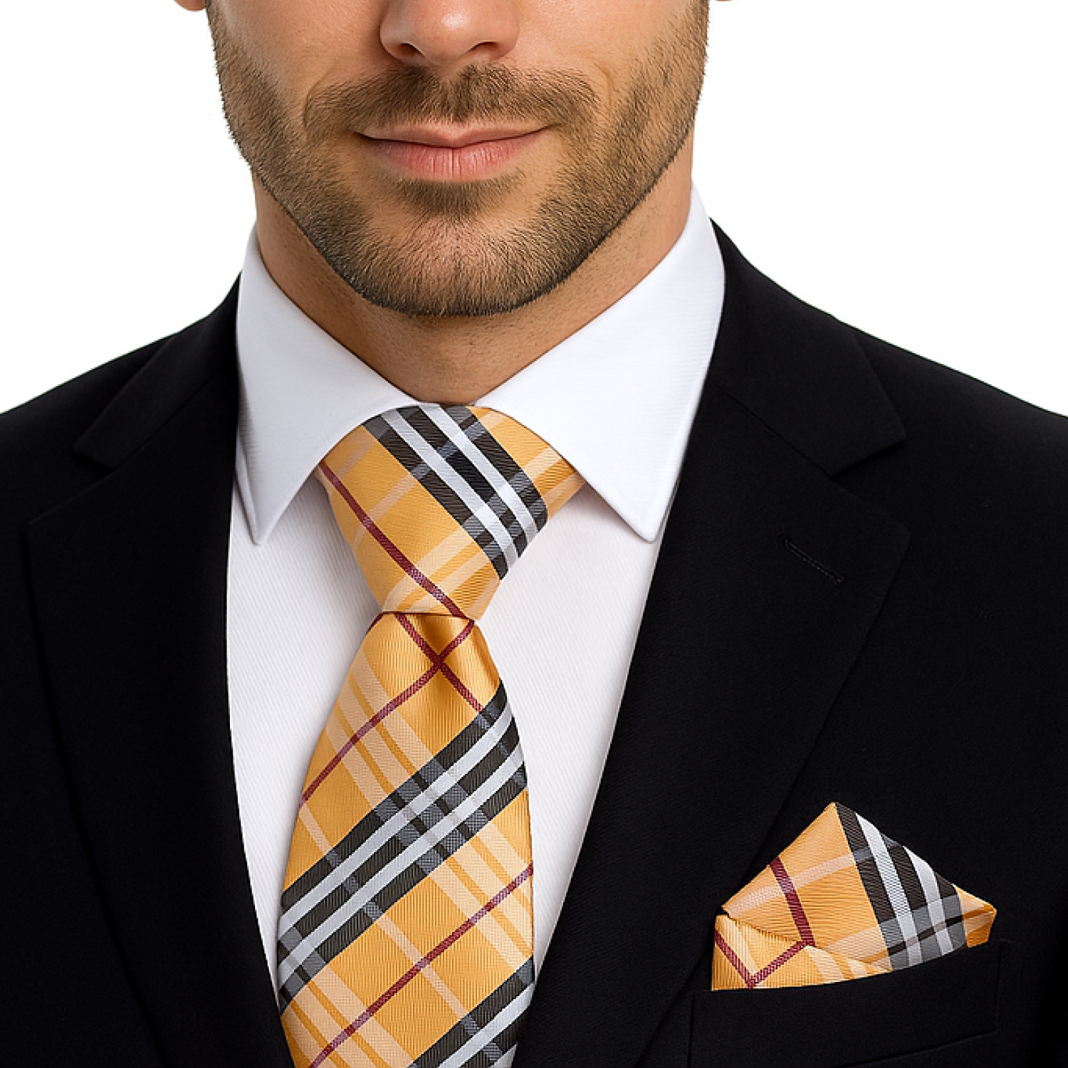 Golden Brown, Black, White, Red Plaid Tie and Square on man