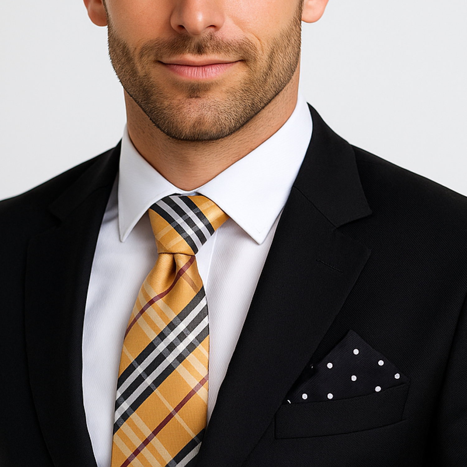 Golden Brown, Black, White, Red Plaid Tie and accenting polka square on man