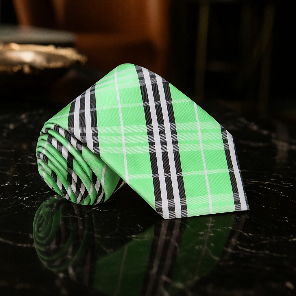 Green, Black, White Plaid Necktie 