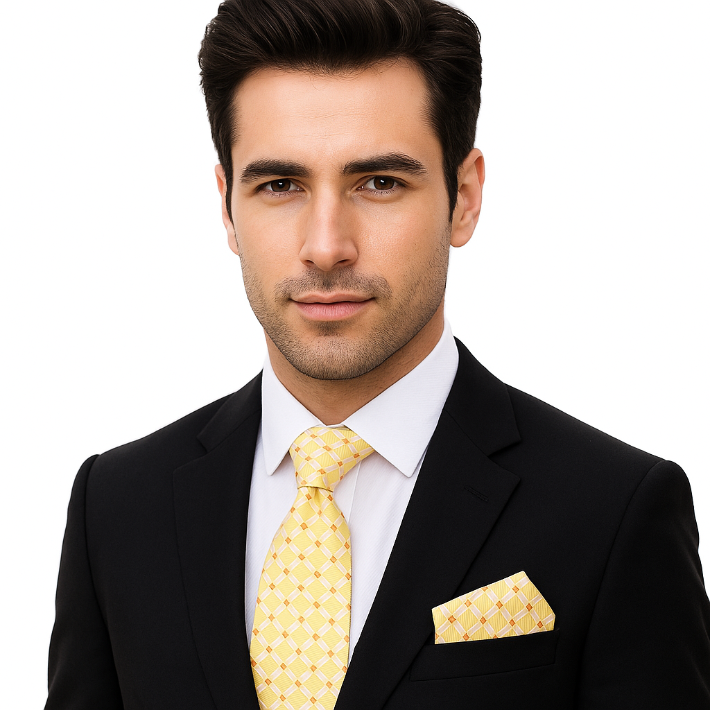 Man wearing a black suit with a yellow tie and pocket square on a white background