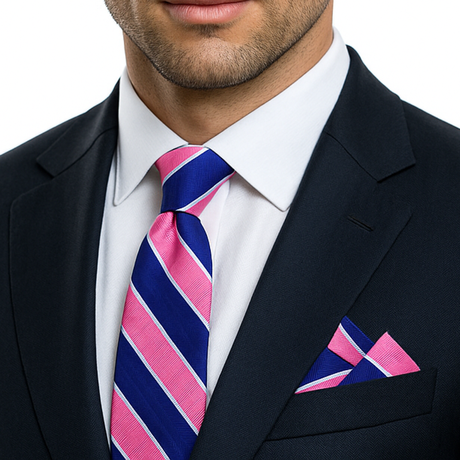 Man wearing a navy suit with a pink and blue striped tie and matching pocket square.