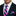 Man wearing a navy suit with a pink and blue striped tie and matching pocket square.