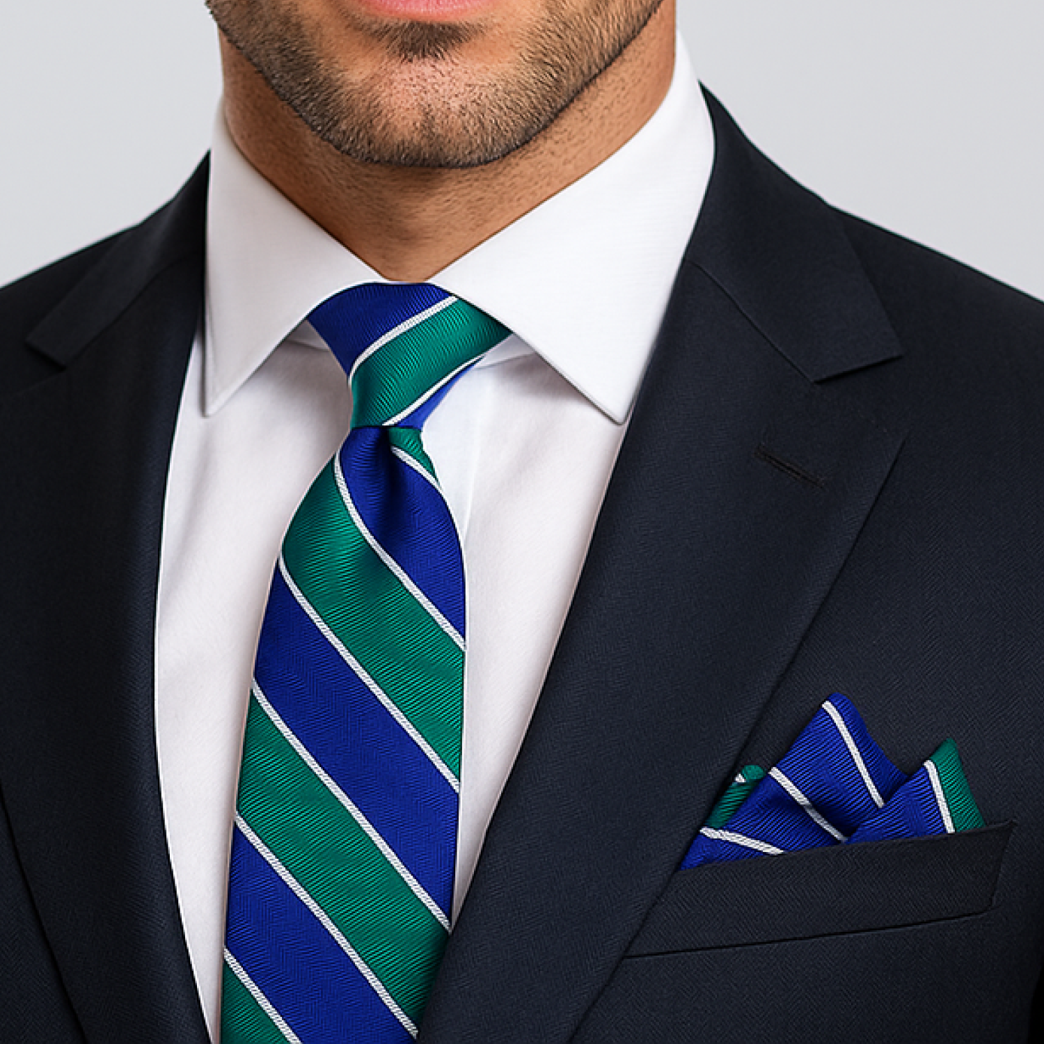 Green and Blue Stripe Tie and Square