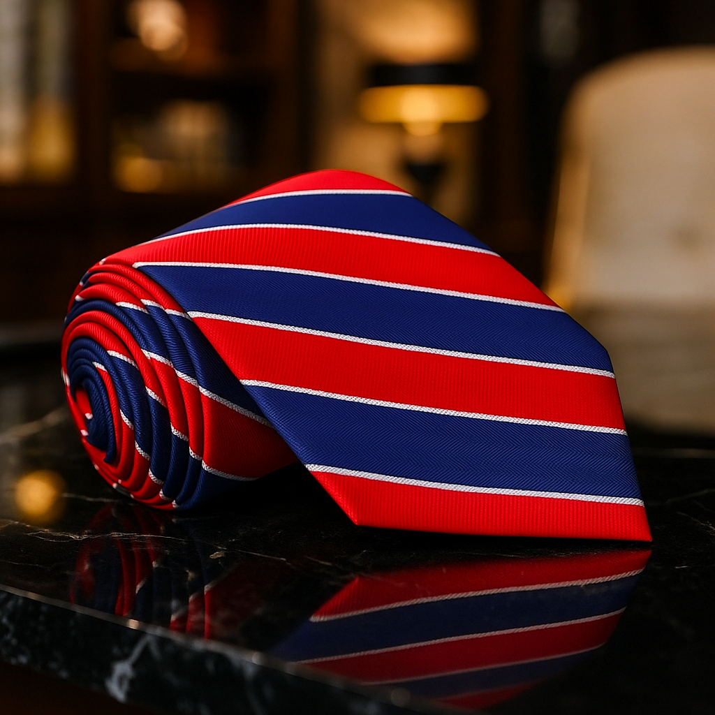 Roll of red and blue striped fabric on a reflective surface with a blurred background