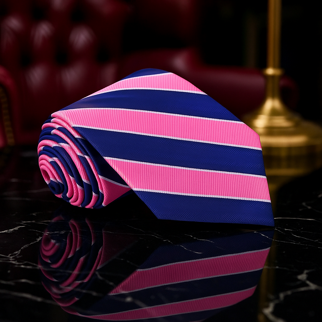Pink and blue striped tie on a dark surface with blurred background