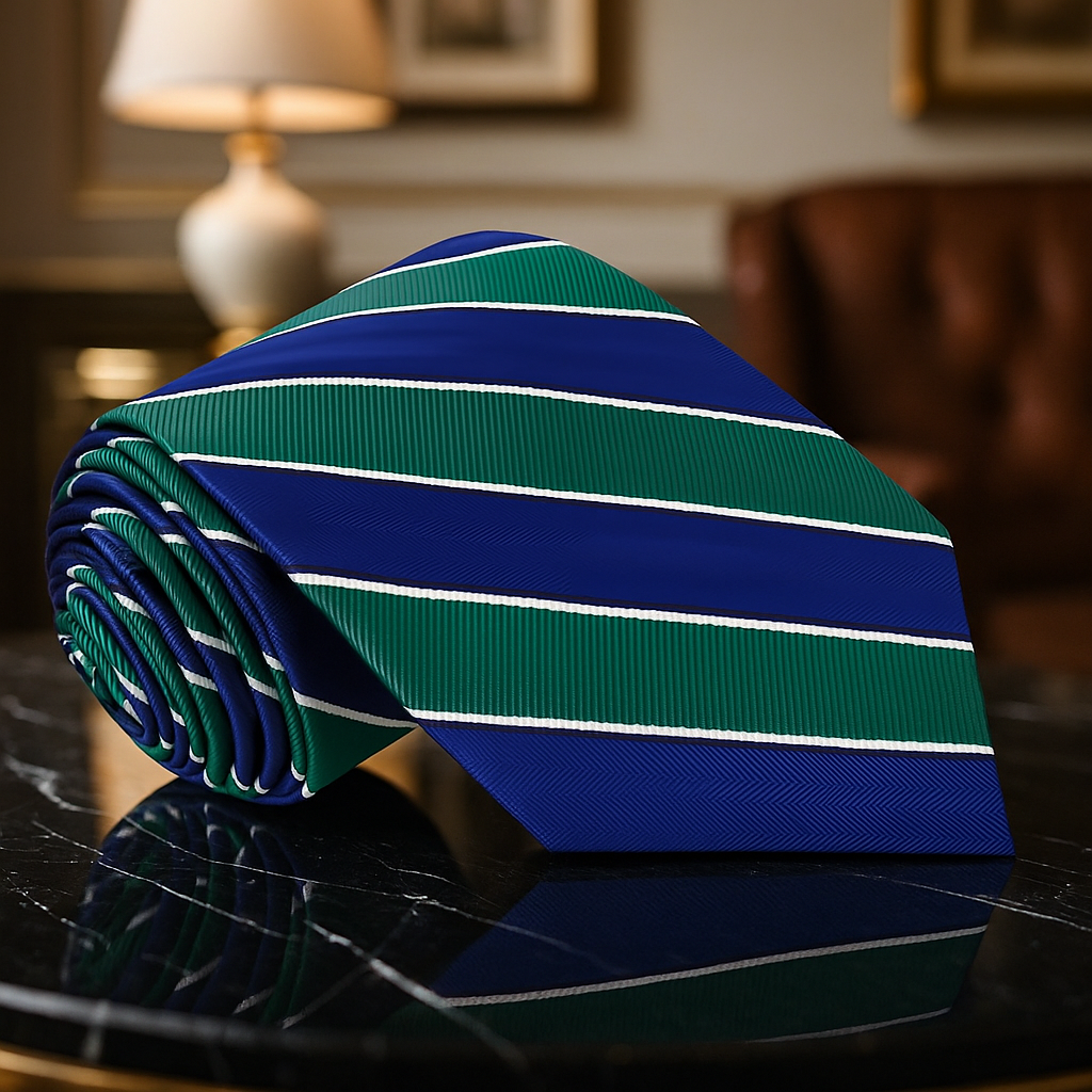 Folded green and blue striped tie on a dark surface with a blurred background