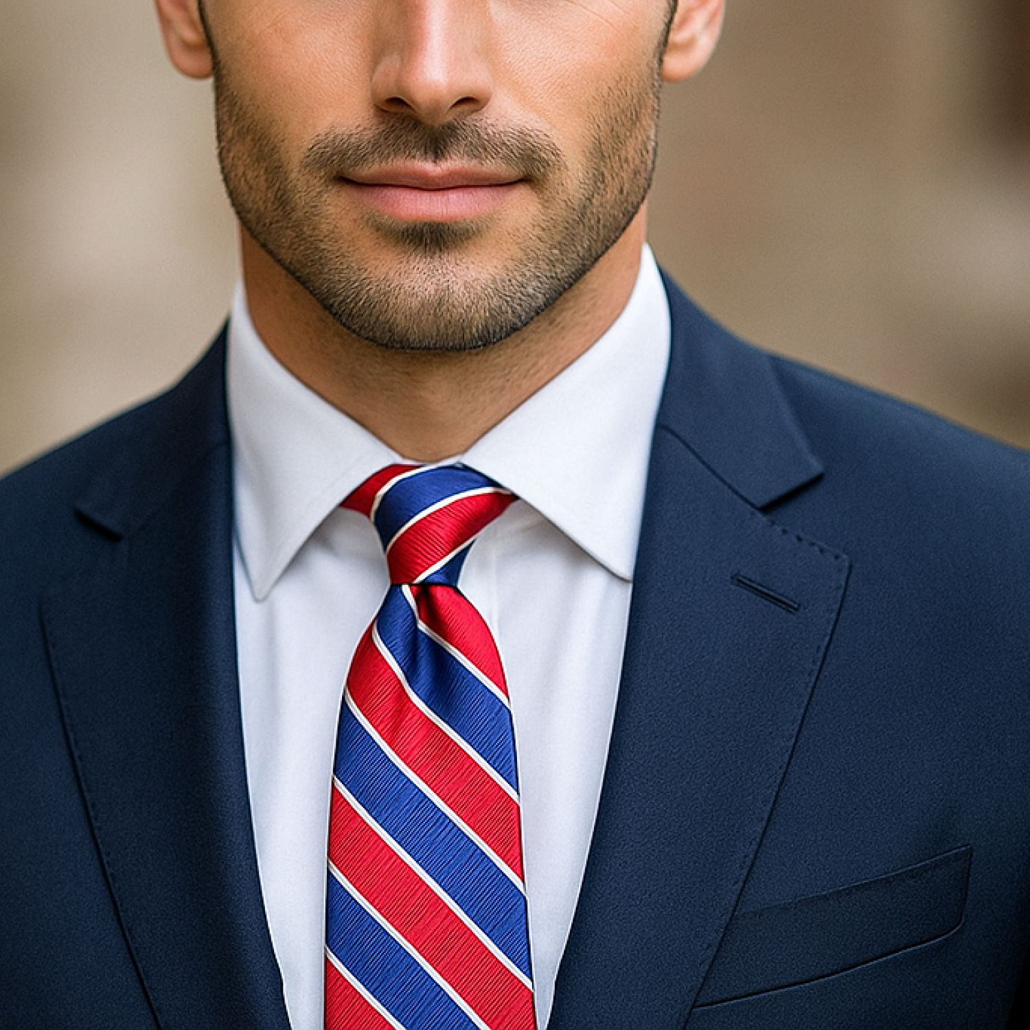 Red, Blue and White Stripe Tie on Man Wearing Suit