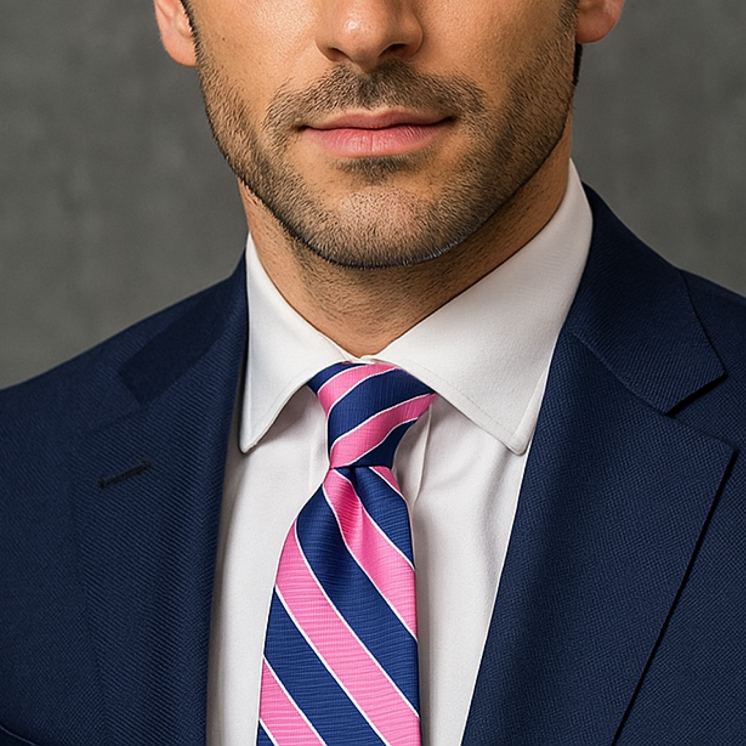 Man wearing a navy suit with a pink and blue striped tie against a gray background