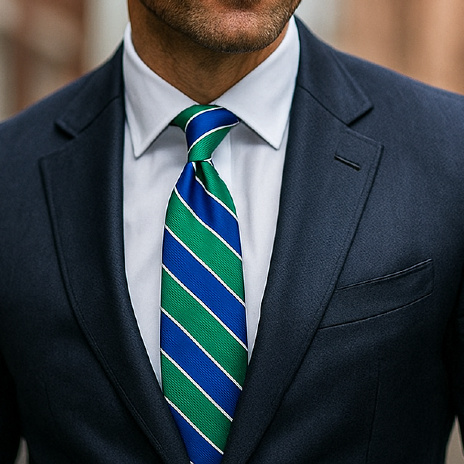 Man wearing a dark suit with a blue and green striped tie.