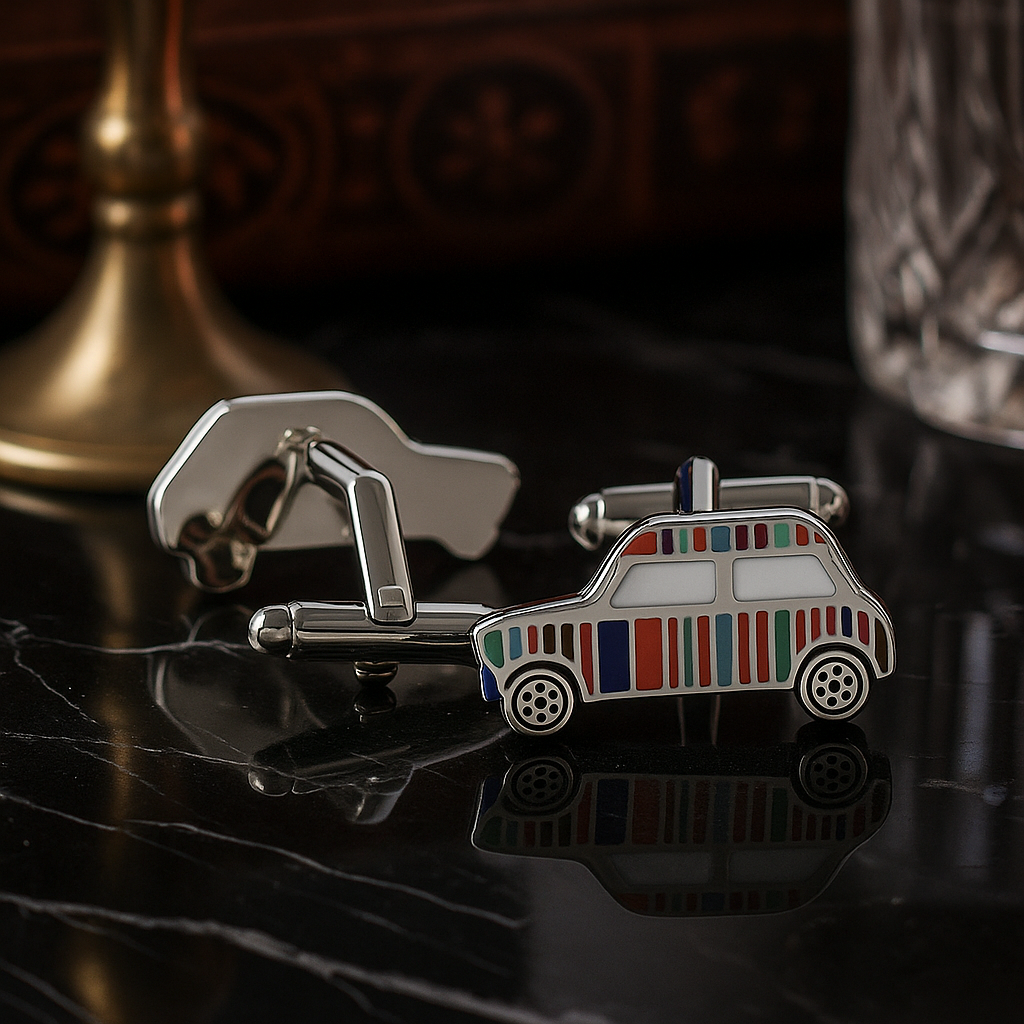 Colorful car-shaped cufflinks on a reflective surface with a blurred background