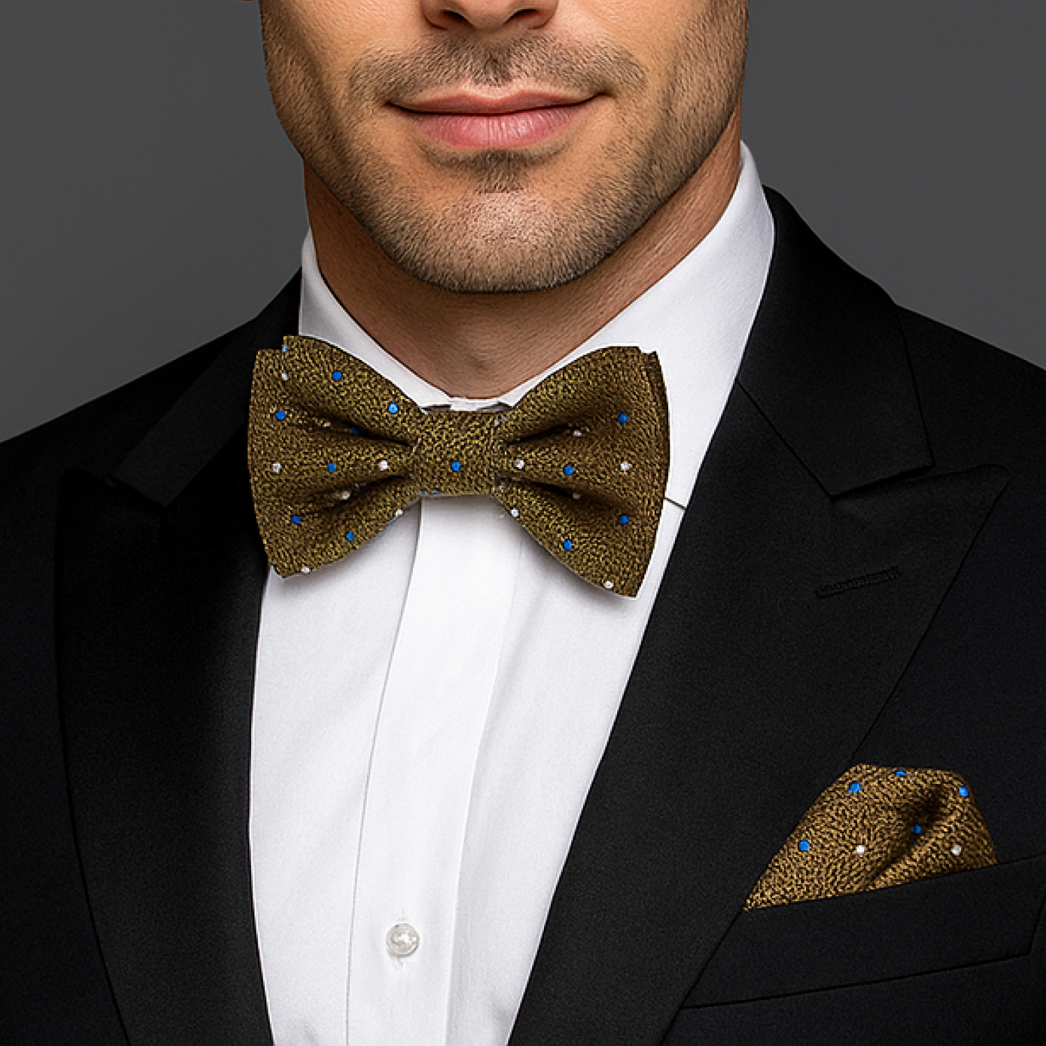 Man wearing a black tuxedo with a gold bow tie and matching pocket square on a gray background