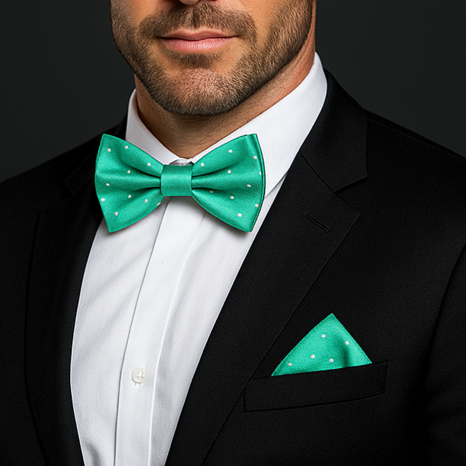 Man wearing a black suit with a white shirt, green bow tie, and matching pocket square on a dark background.