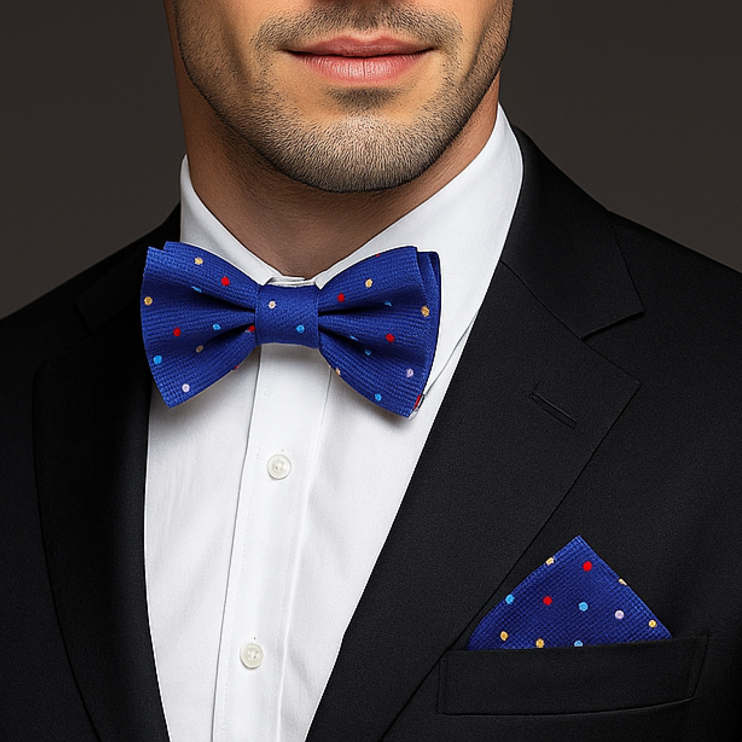 Man wearing a black suit with a blue bow tie and matching pocket square on a dark background