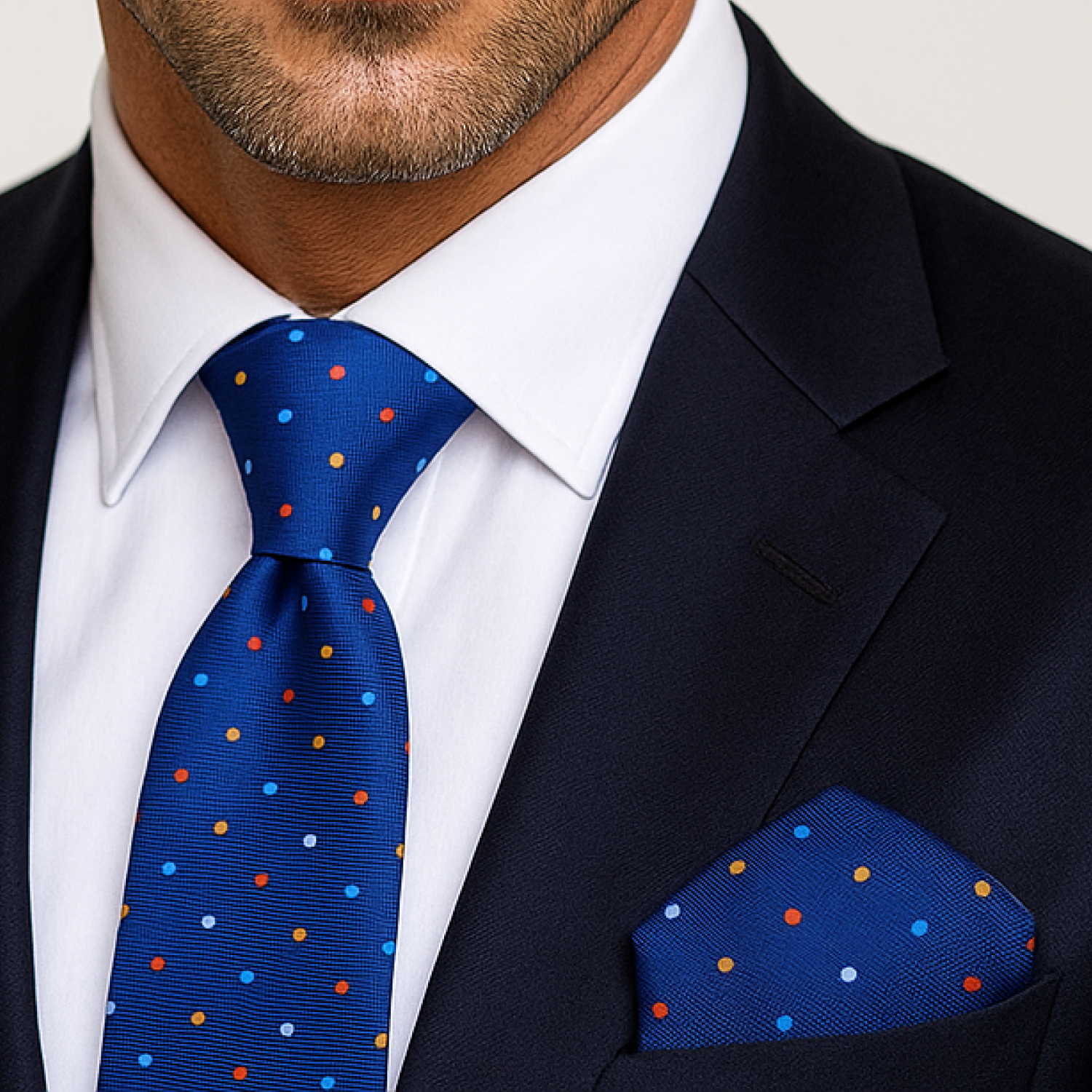 Man wearing a navy suit with a blue tie and pocket square featuring red and orange polka dots.