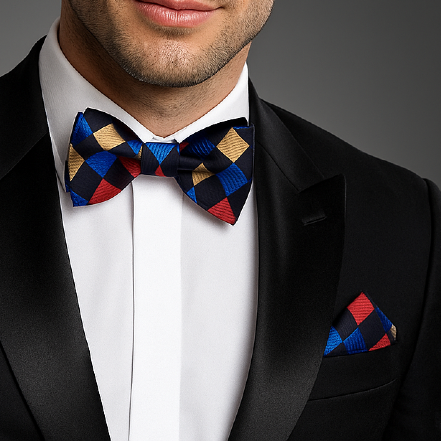 Multi Colored Check Bow Tie and Matching Square