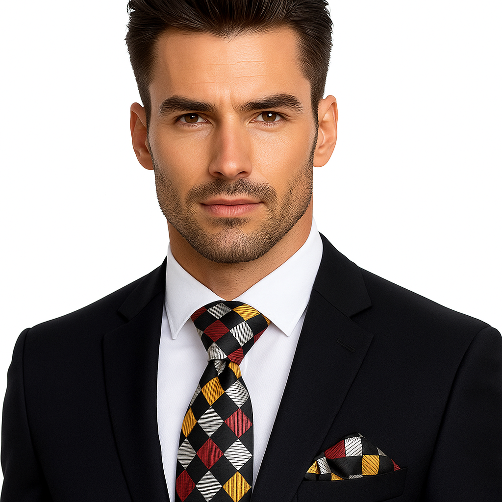 Man wearing a black suit with a colorful tie and pocket square on a white background