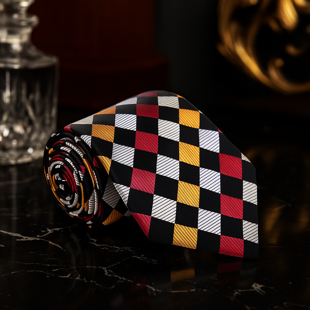 Checkered tie with red, yellow, and black pattern on a dark surface