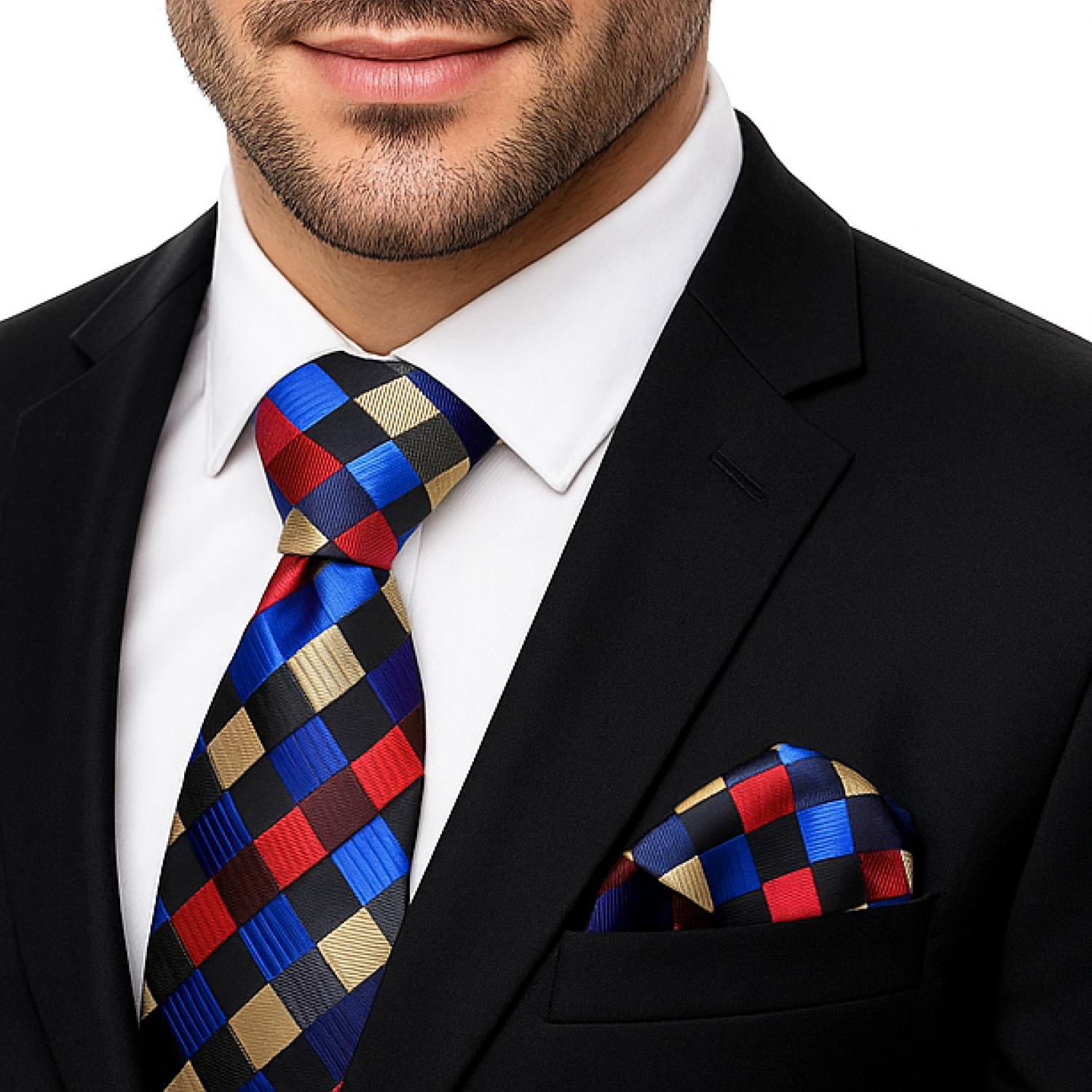 Man wearing A Black, Red, Blue, Yellow Geometric Diamond Pattern Necktie 