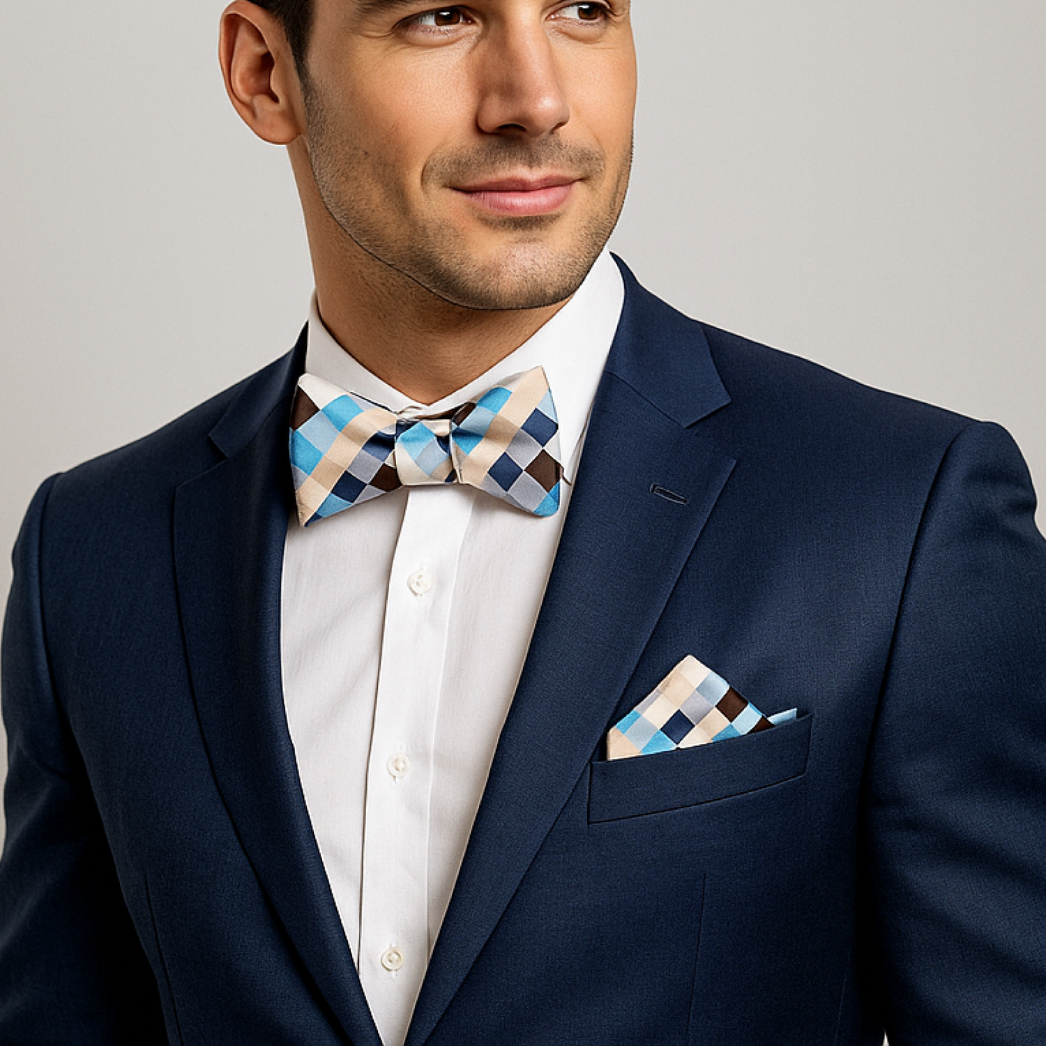 Blue, Brown Check Bow Tie and Square on man wearing suit