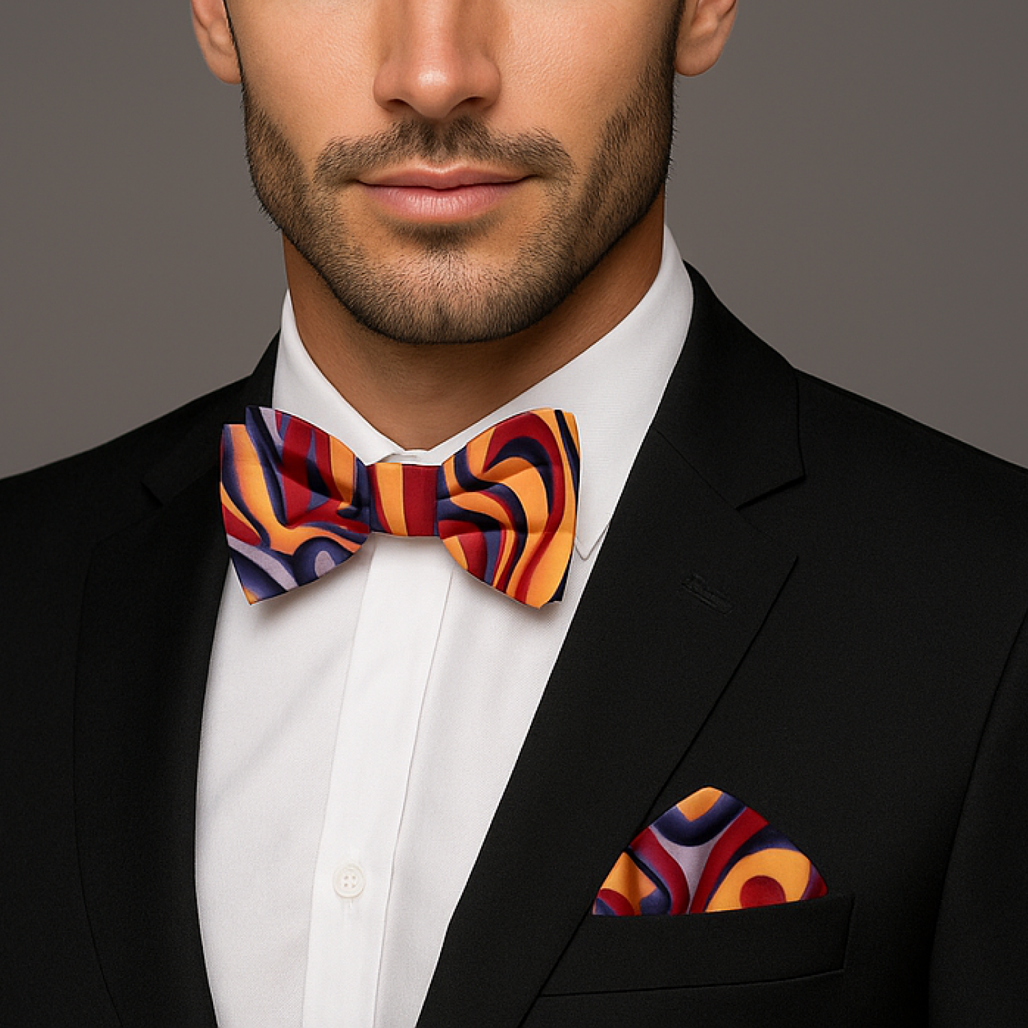 Man wearing a black suit with a colorful bow tie and pocket square on a gray background