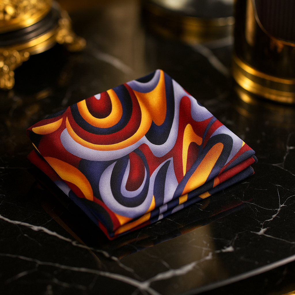 Colorful patterned handkerchief on a dark surface with gold accents