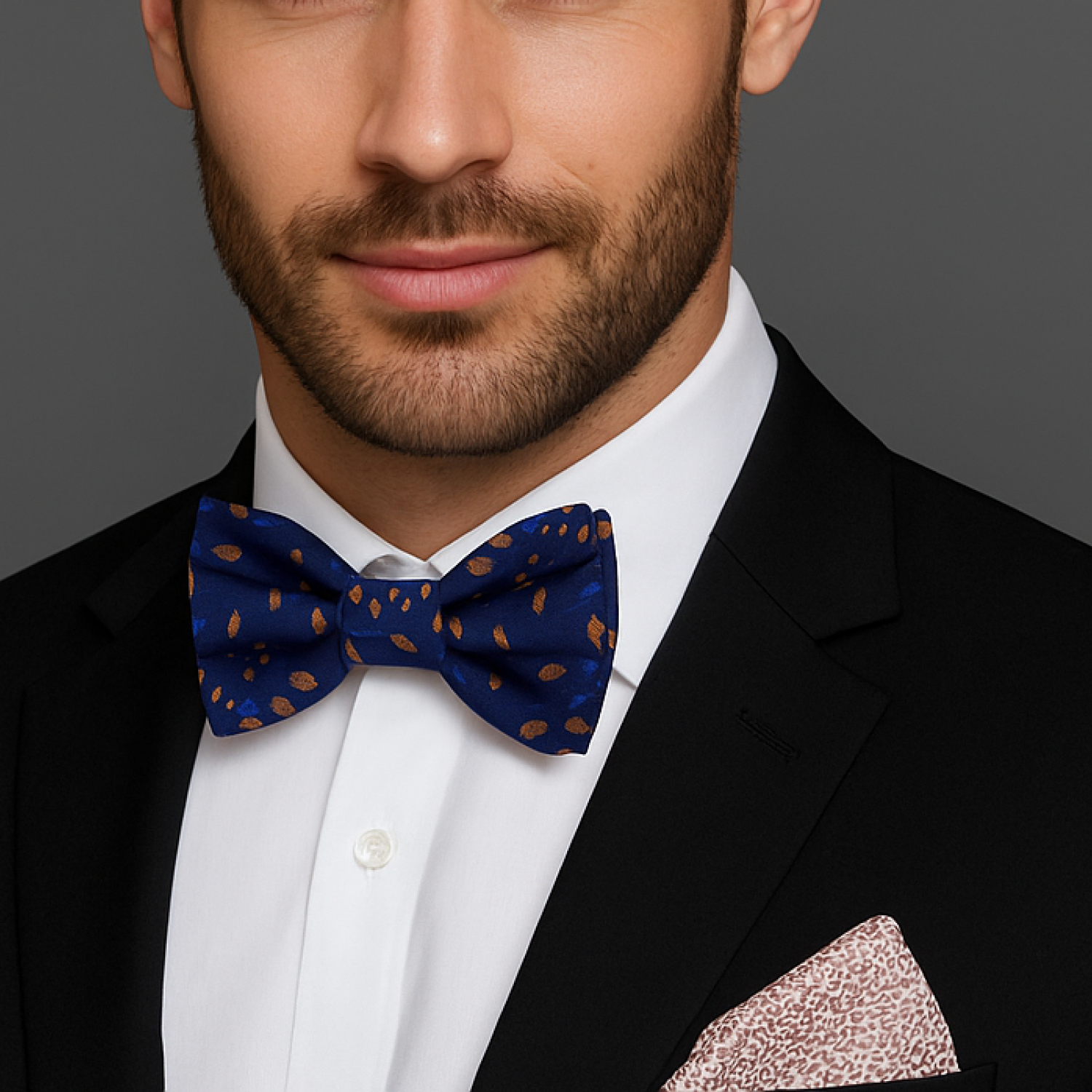 Navy Comet Pattern Bow Tie | Blue & Copper with Accent Square