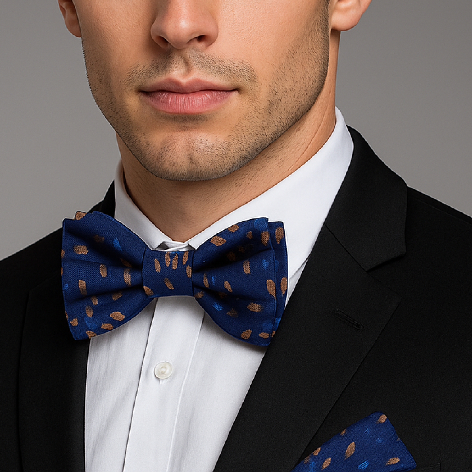Navy Comet Pattern Bow Tie | Blue & Copper with Accent Square