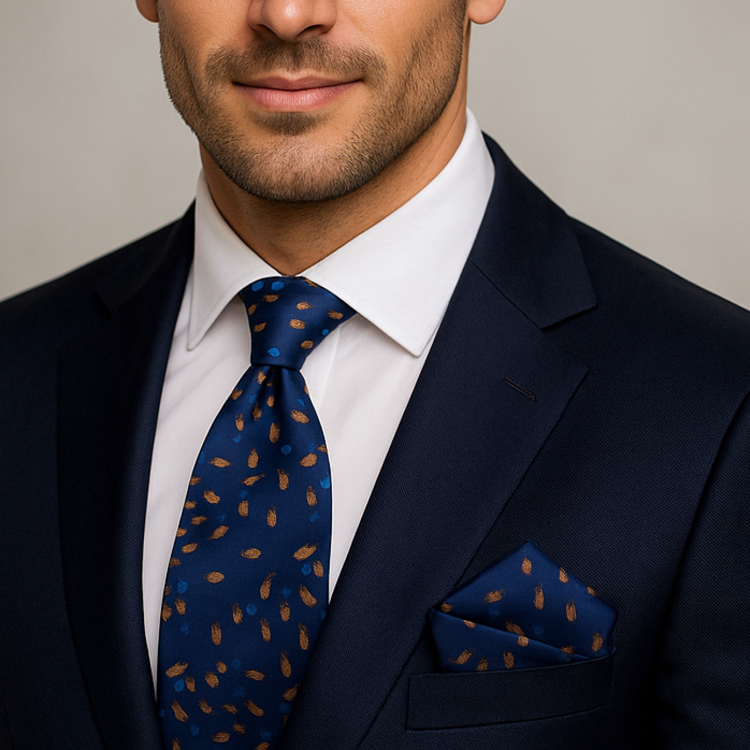 Man wearing blue suit and blue with brown necktie and matching square