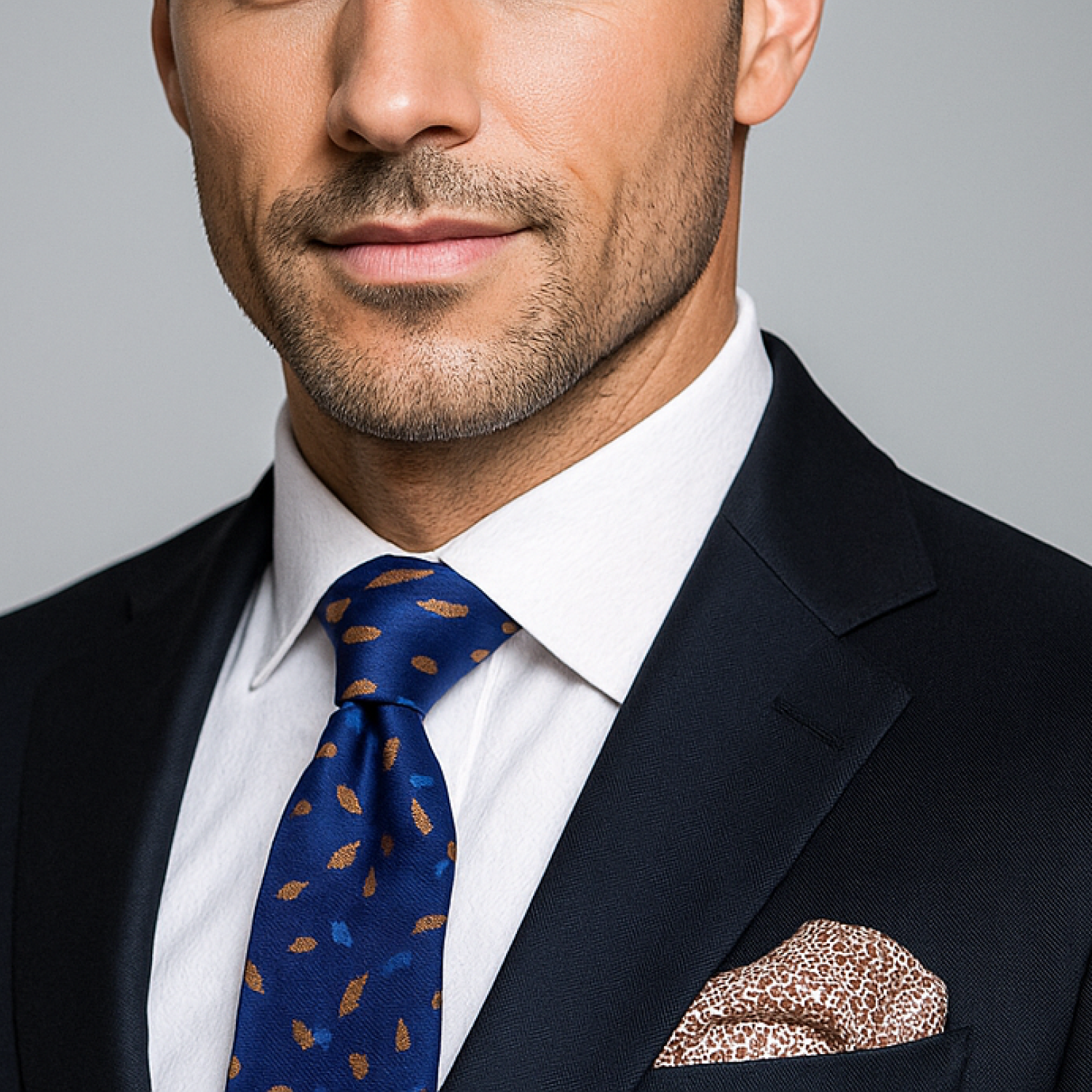Dark Blue Comet Pattern Necktie | Brown Accents with Pocket Square