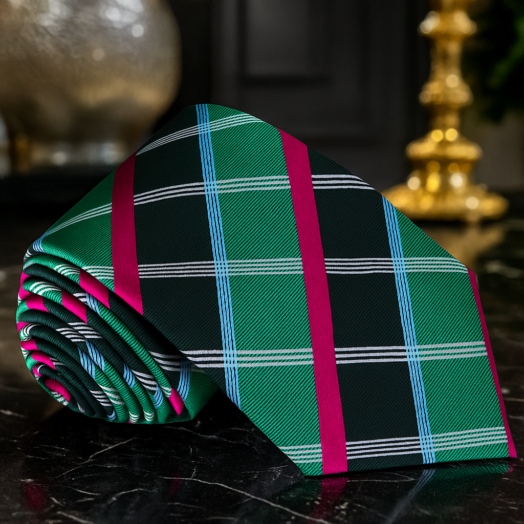 Dark Green Plaid Necktie | Light Blue & Magenta Accents
