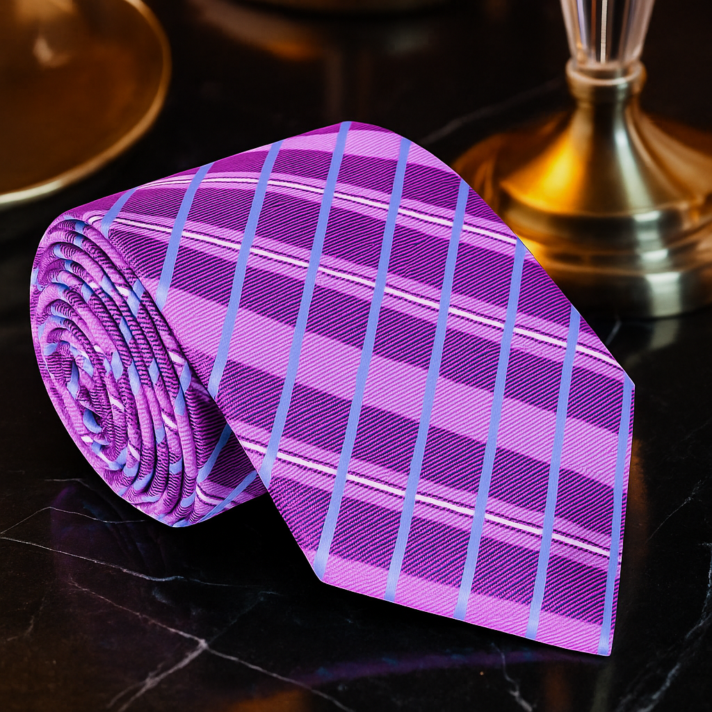 A Light Purple, Light Blue Plaid Pattern Necktie
