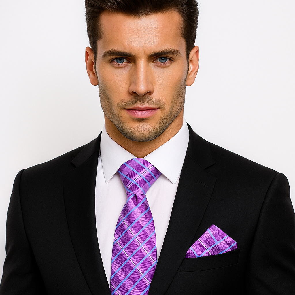 Man wearing a black suit with a purple checkered tie and pocket square on a white background