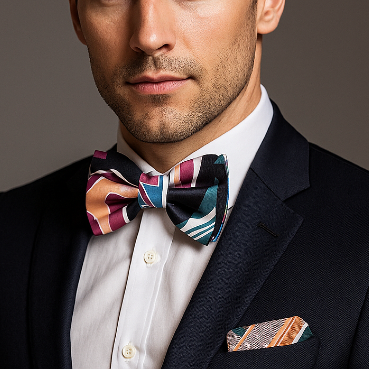 Man wearing a dark suit with a colorful bow tie and pocket square against a neutral background