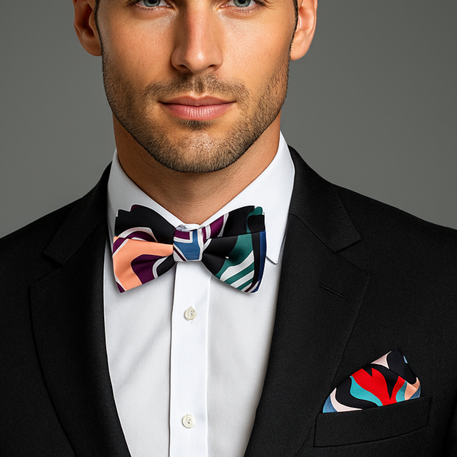 Man wearing a black suit with a colorful bow tie and pocket square against a gray background