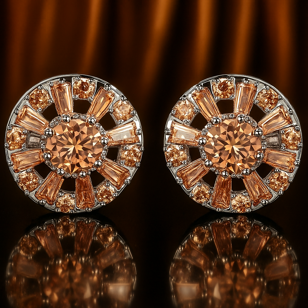 Pair of ornate cufflinks with brown gemstones on a reflective surface.