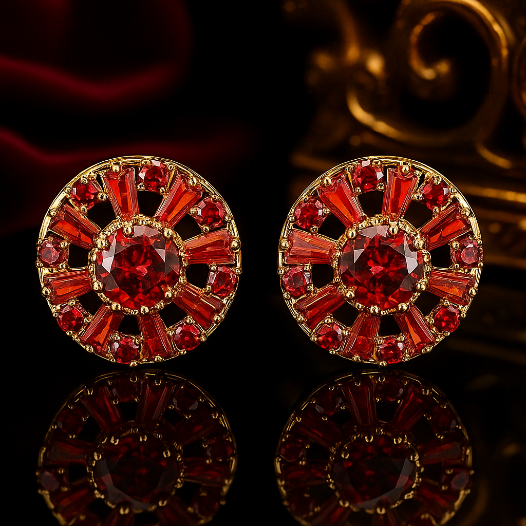 Pair of red gemstone cufflinks with gold accents on a reflective surface.