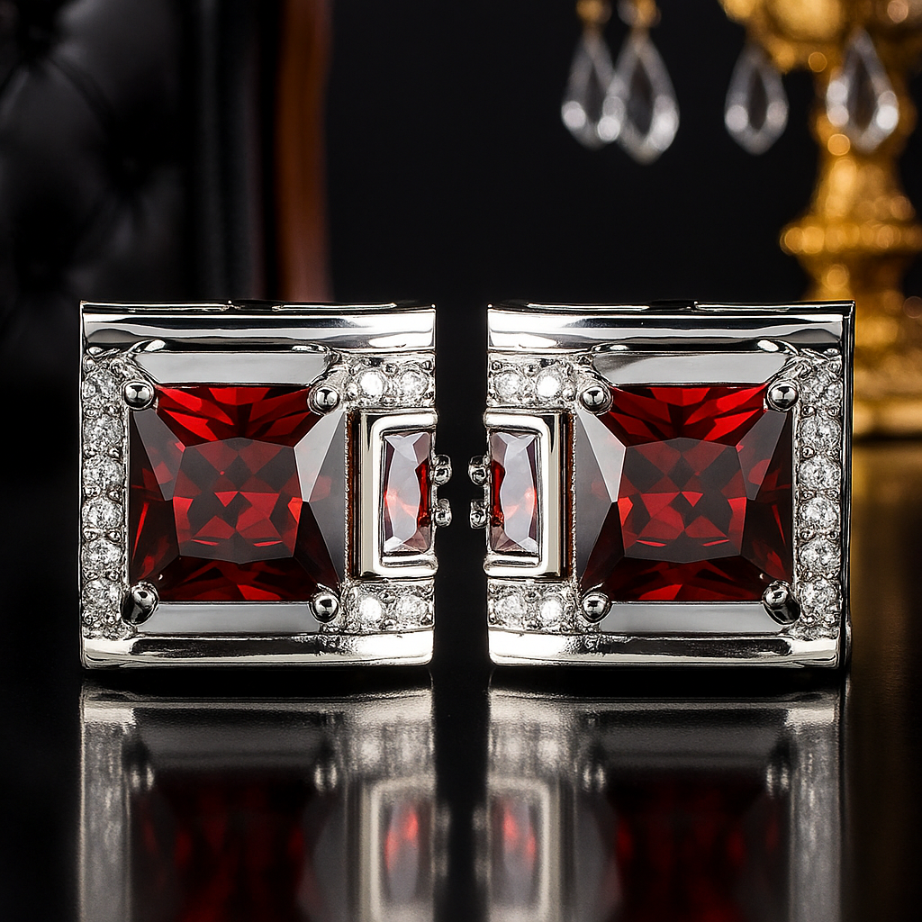 Chrome Square with Clear and Red Stones Cuffs||Chrome Square with Clear and Red Stone