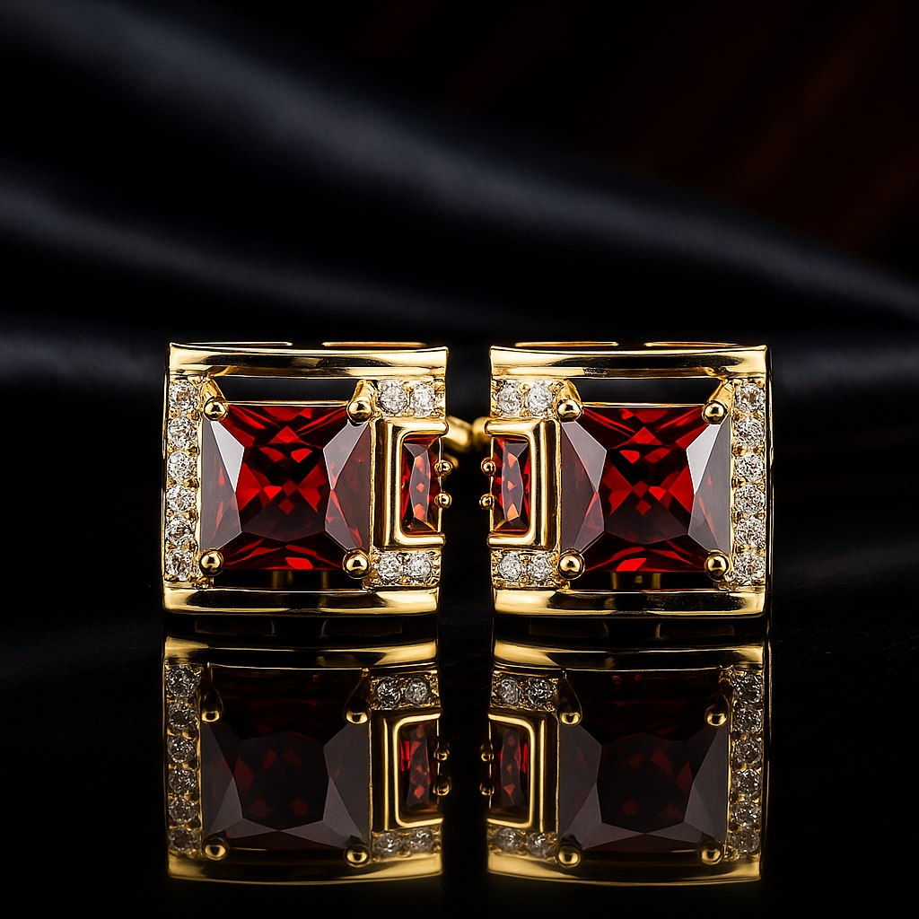 Gold Square with Red and Clear Stones Cuffs||Gold Square with Red and Clear Stone