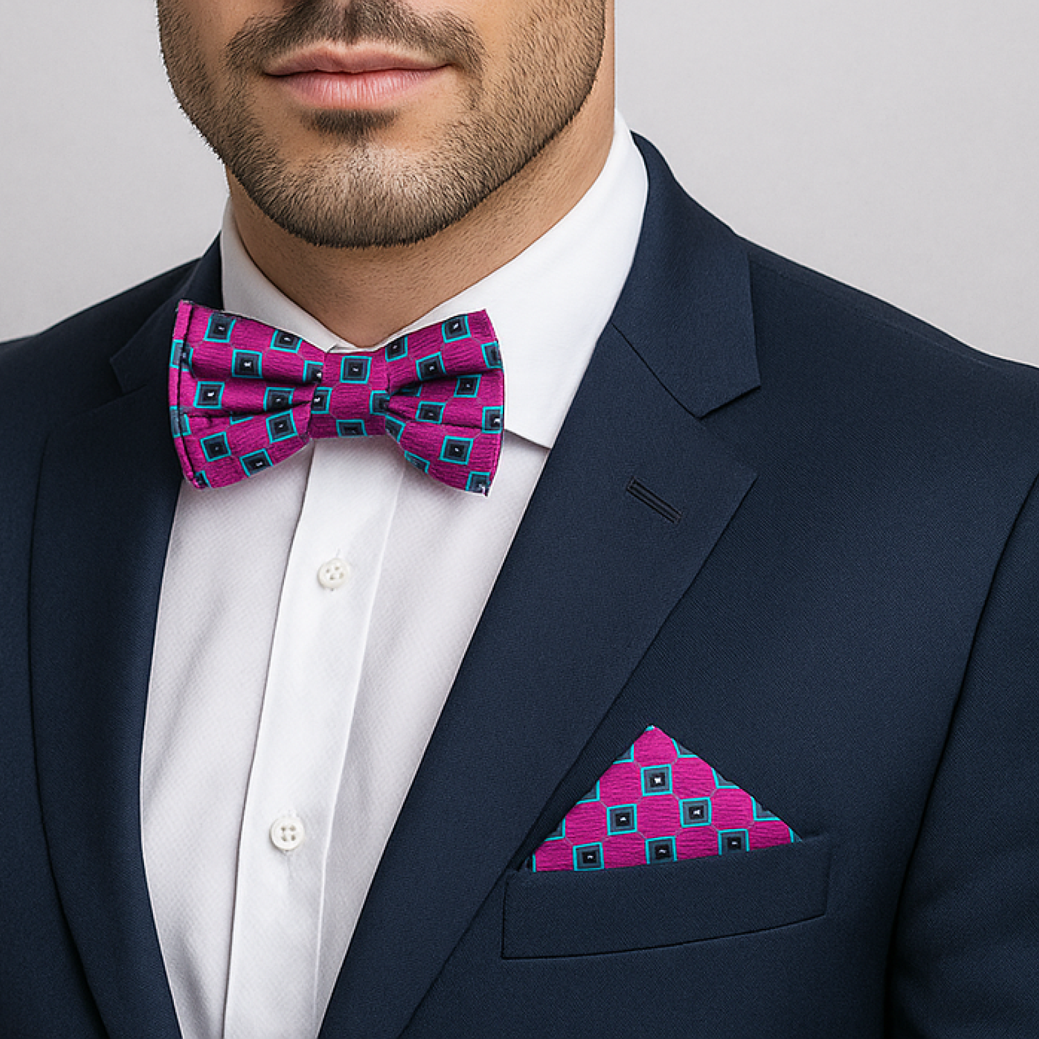 Man wearing pink bow tie and matching square