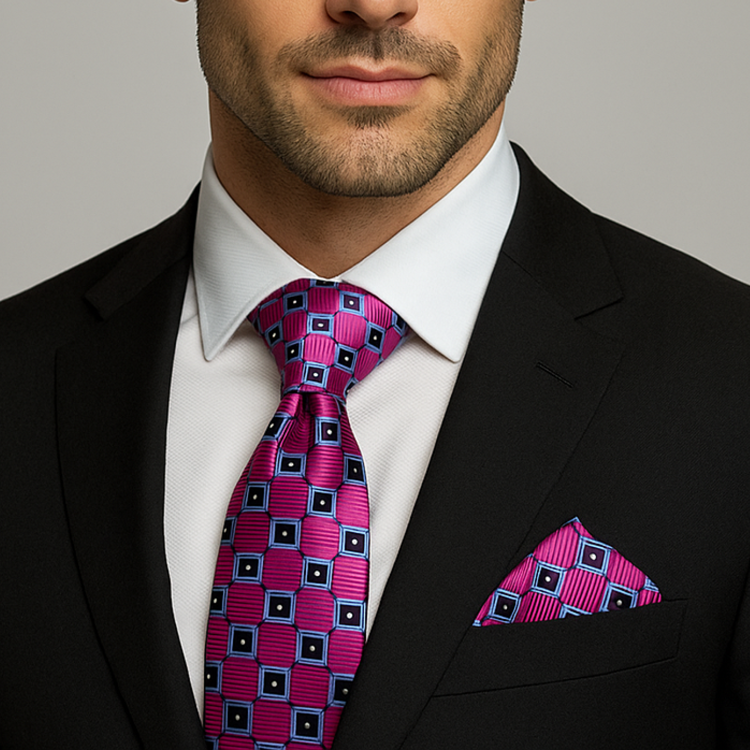 Pink, Black & Blue Geometric Diamond Necktie