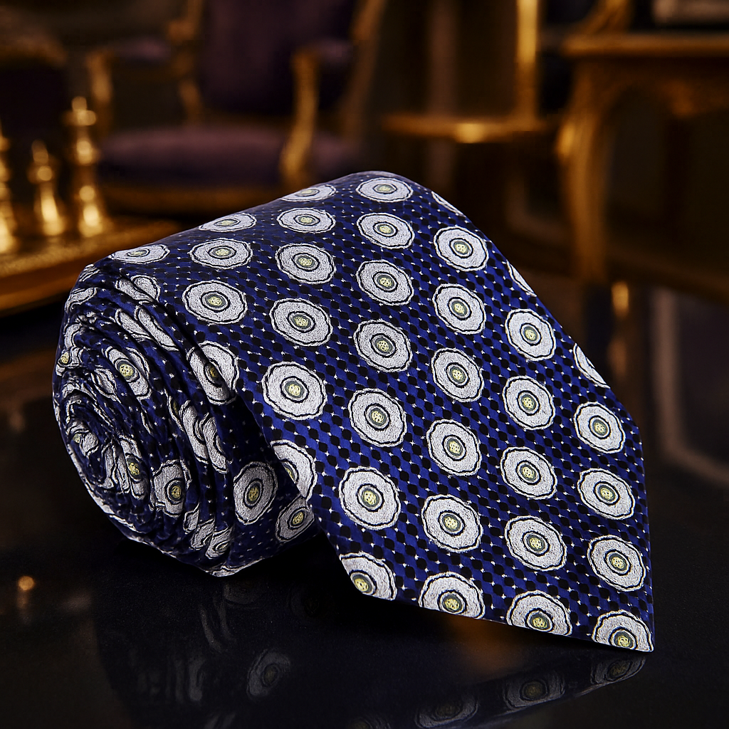 Folded blue tie with white geometric pattern on a dark background