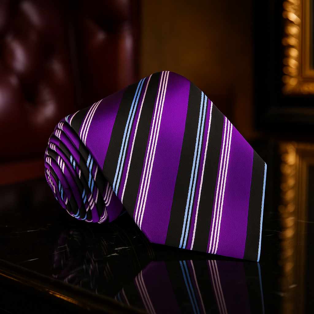 Purple striped tie on a reflective surface with a blurred background