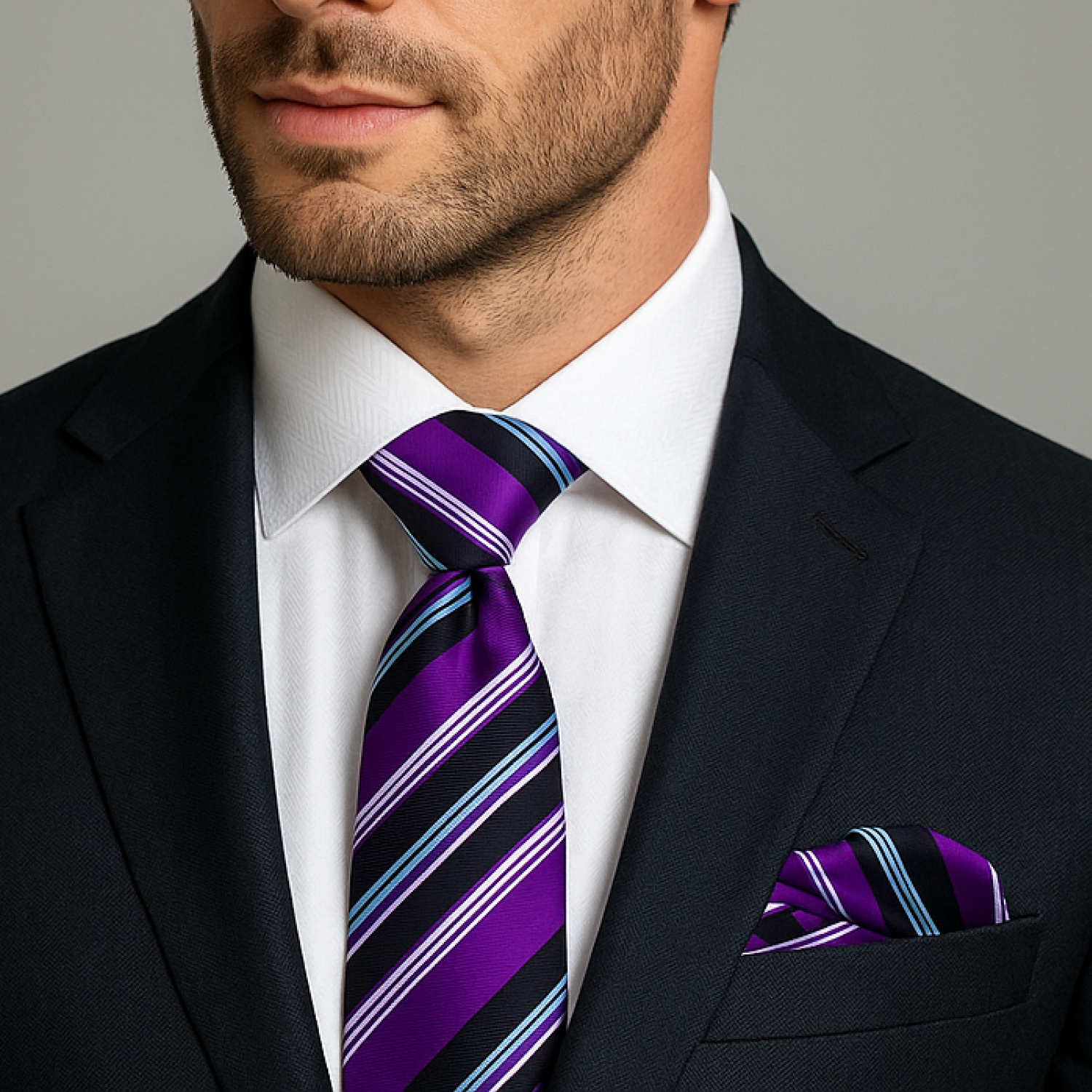 Man wearing a dark suit with a purple striped tie and matching pocket square.