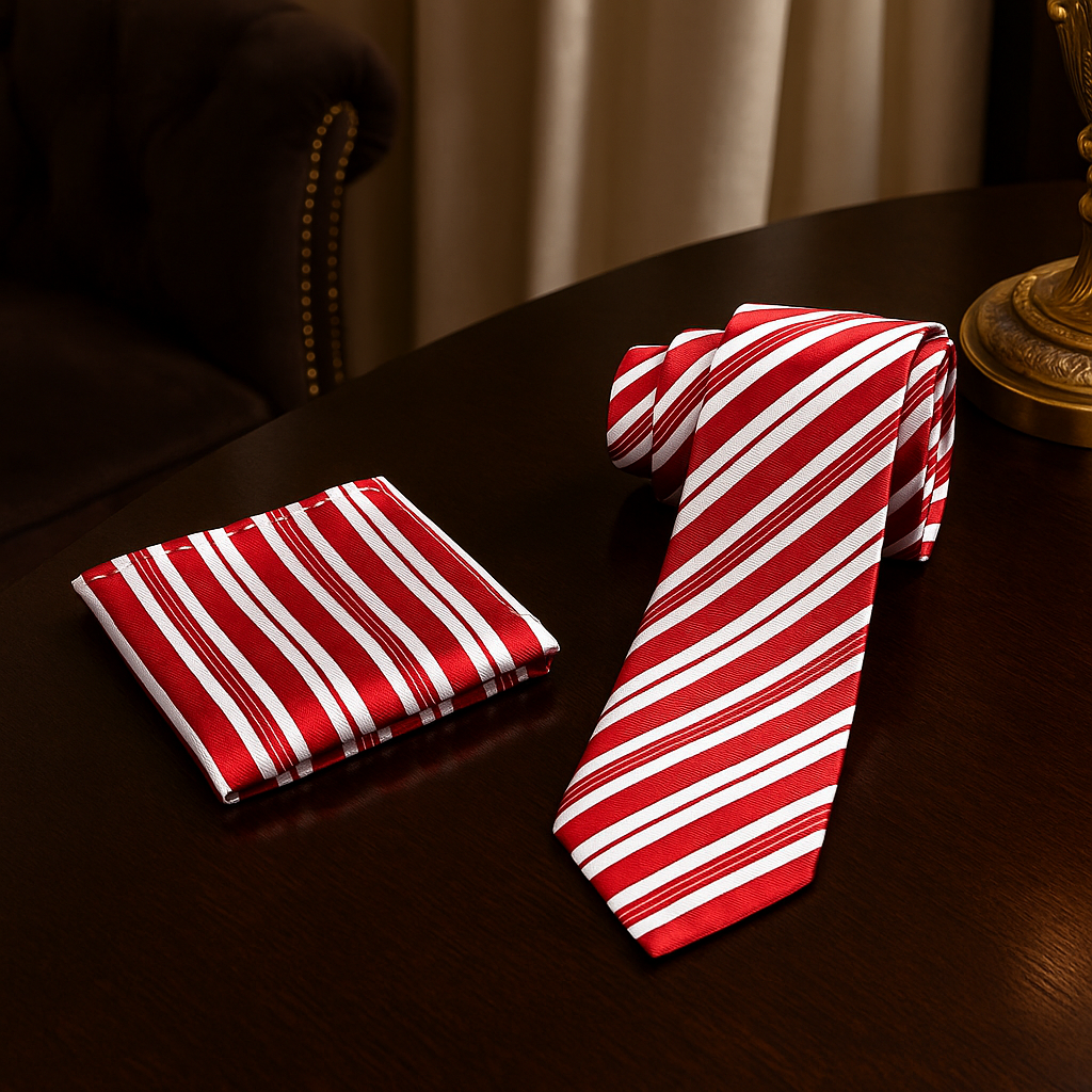 Red and white striped tie and pocket square on a dark surface