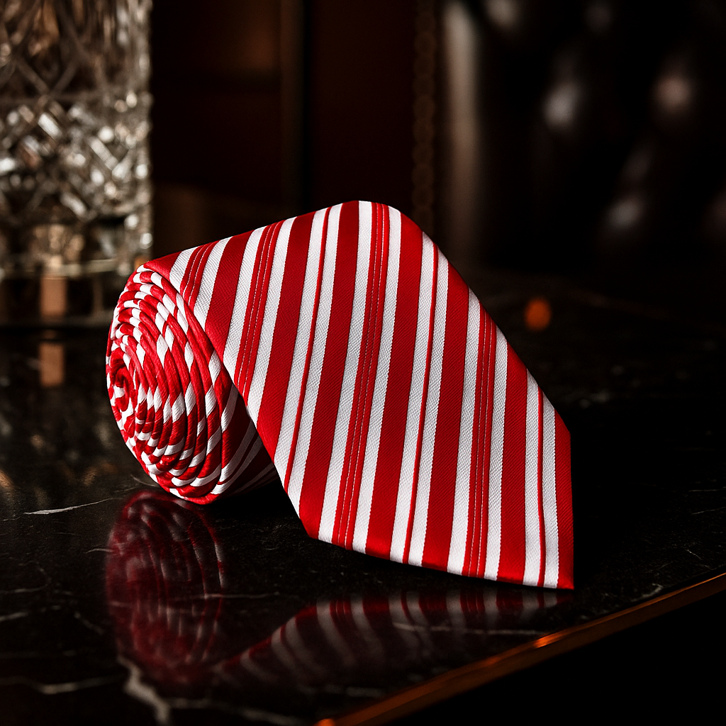 Red and white striped tie on a dark surface with blurred background
